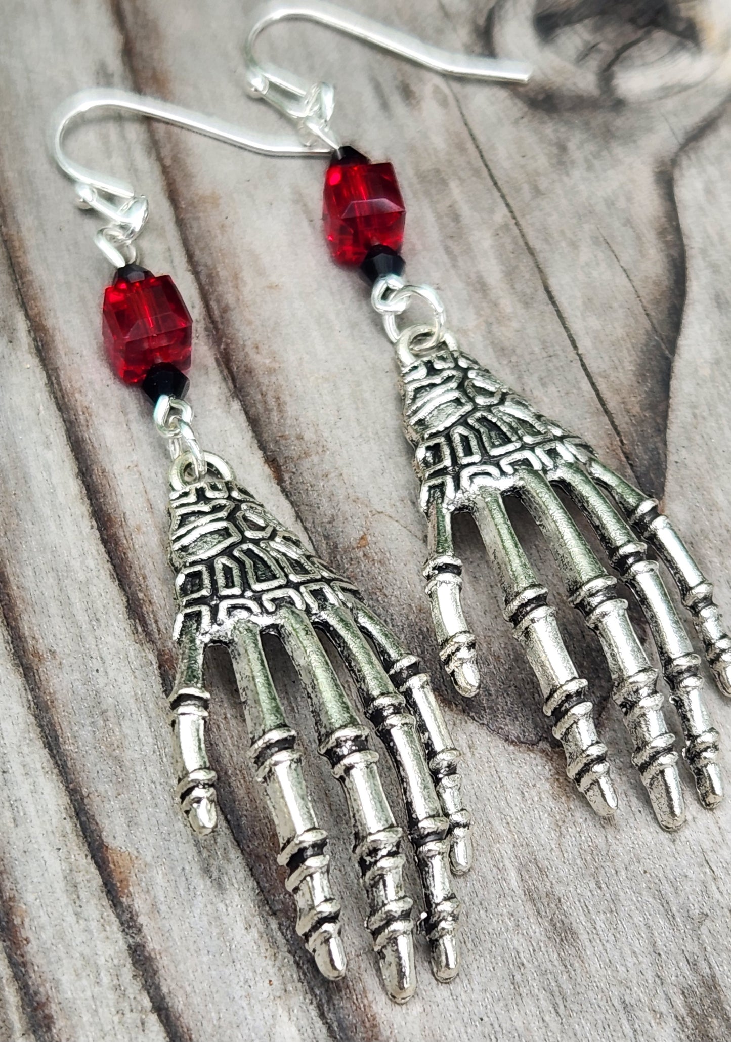 Handmade skeleton hand sterling silver earrings