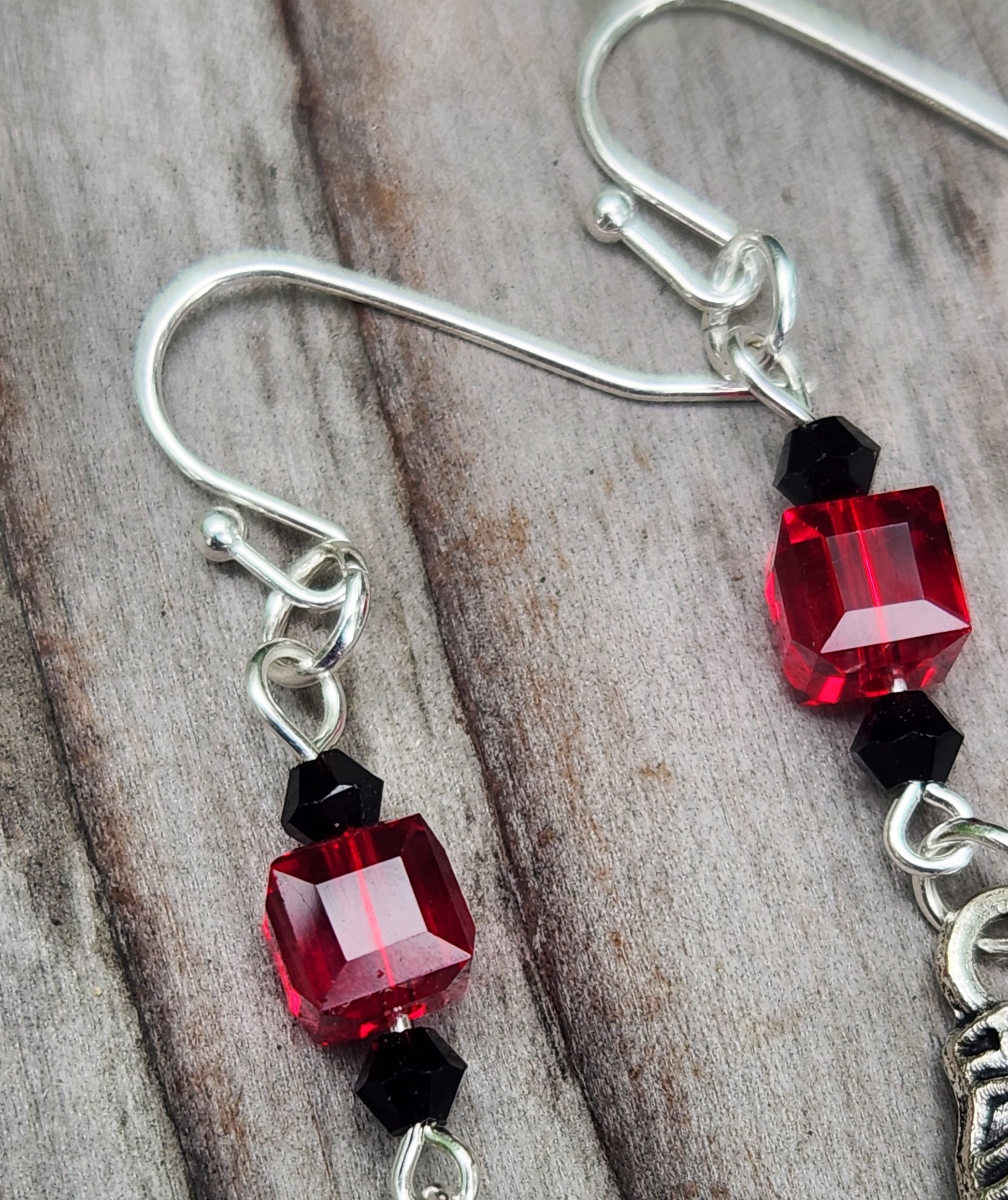 Handmade skeleton hand sterling silver earrings red beads