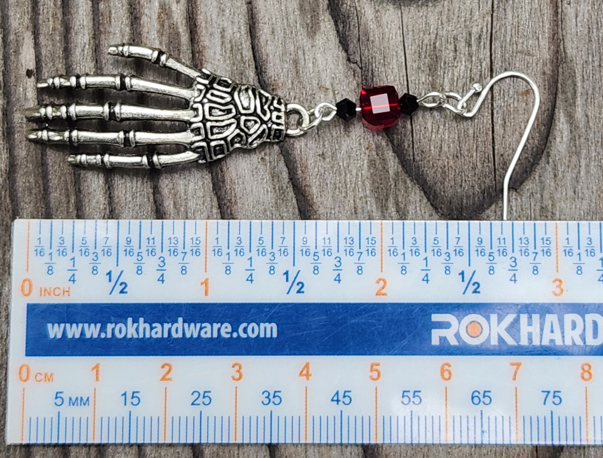 Handmade skeleton hand sterling silver earrings ruler