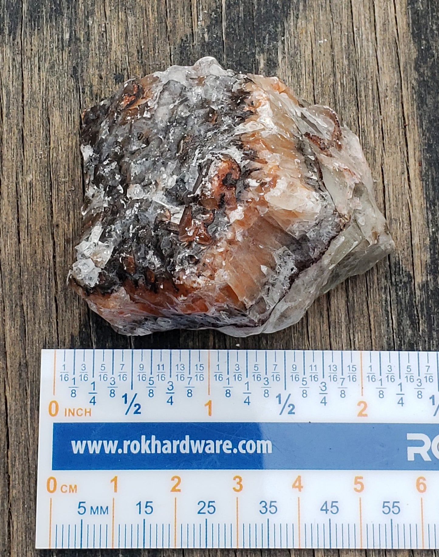 Natural tri-color calcite rough rock display piece with ruler