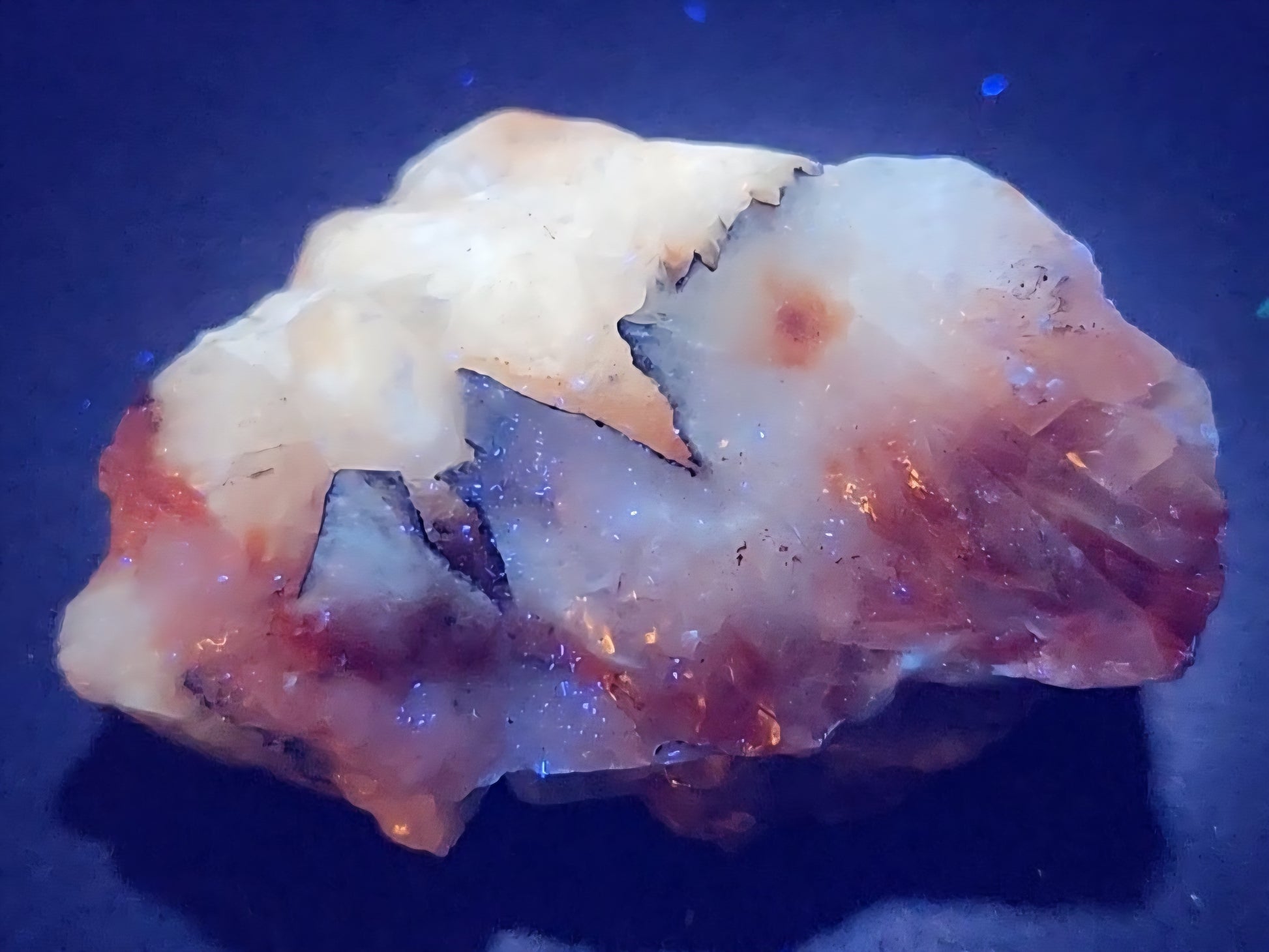 Tri-color calcite rough rock with UV reactive properties