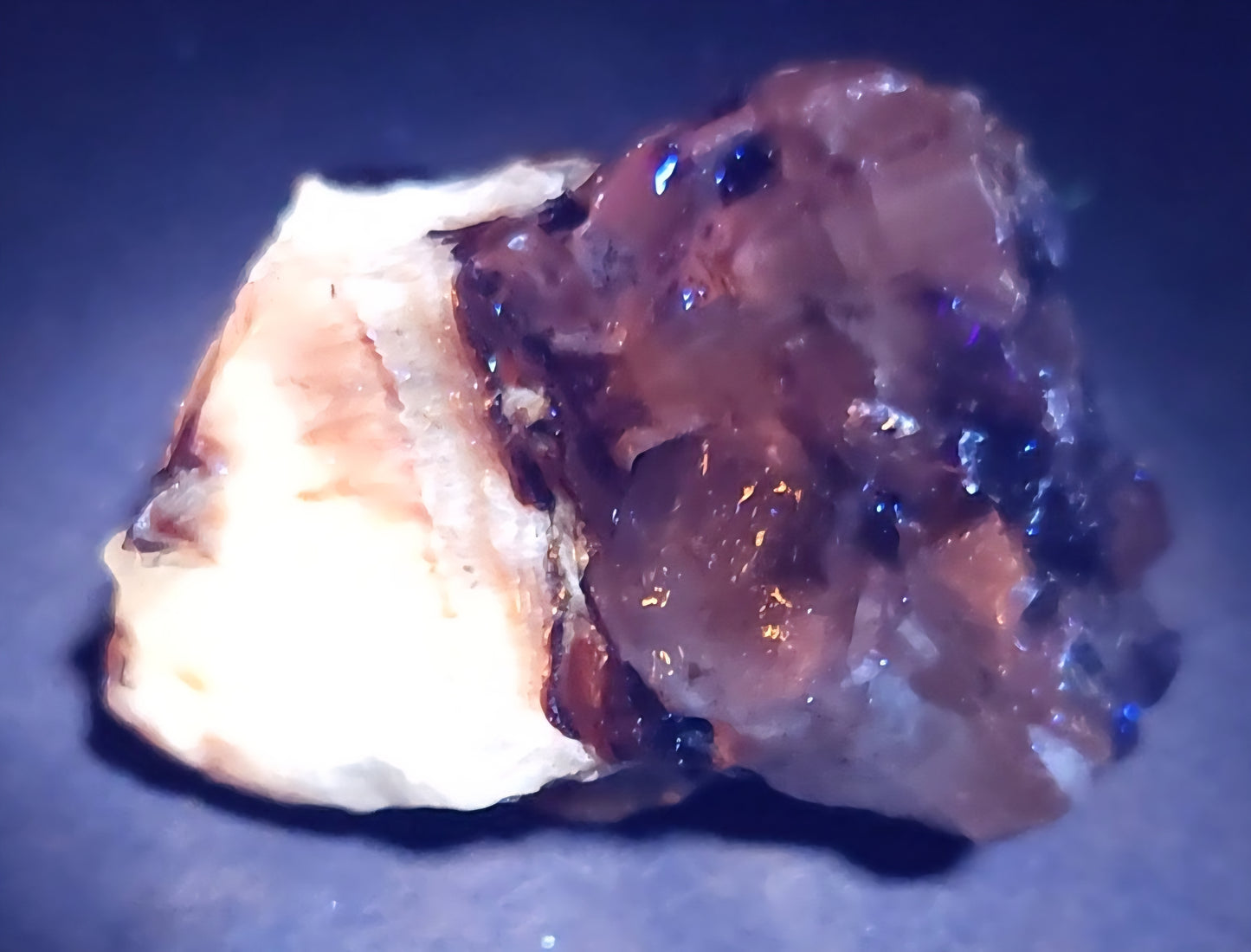 Tri-color calcite rough rock with UV reactive features