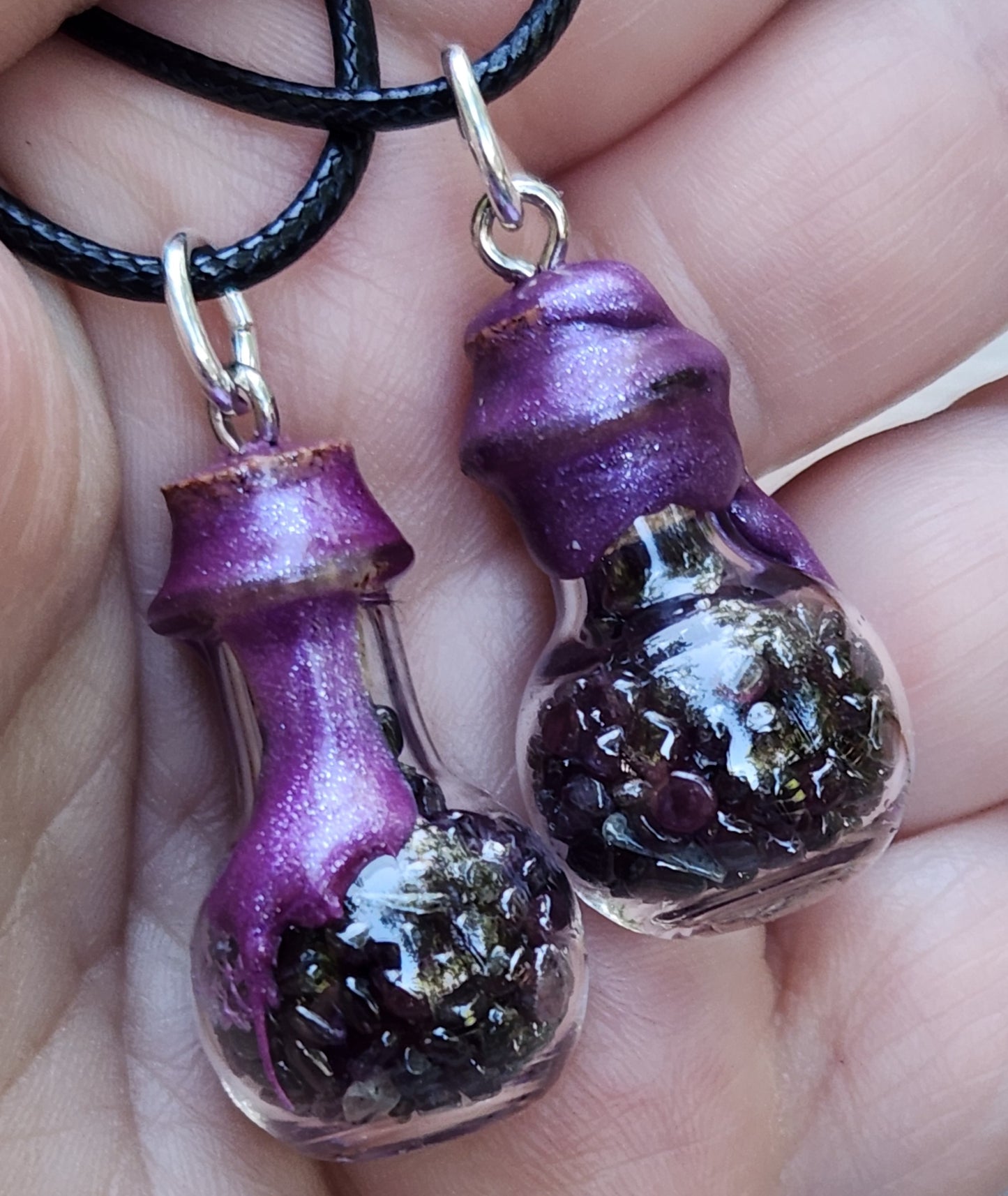 Tumbled garnet gemstone necklace in glass bottle pendant bulb shape