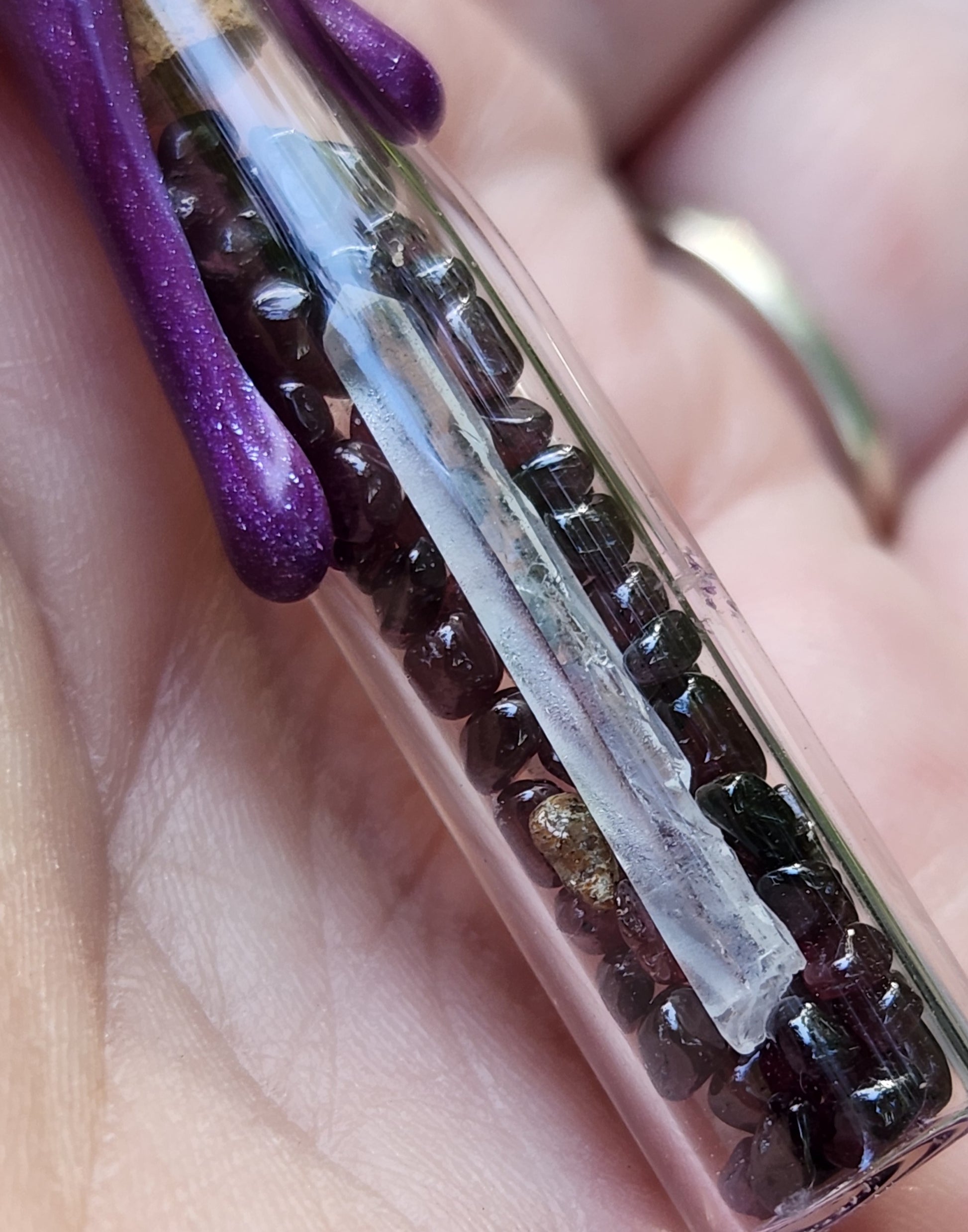 Handmade garnet necklace featuring tumbled garnet stones and quartz crystal