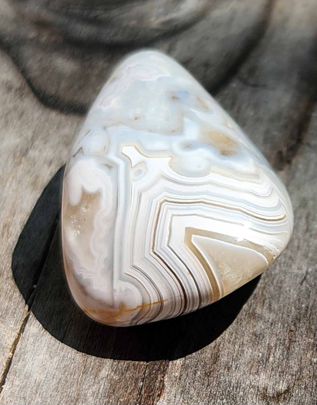 In-house tumbled Mexican Crazy Lace Agate with fine-line cream and gray banding, TA363