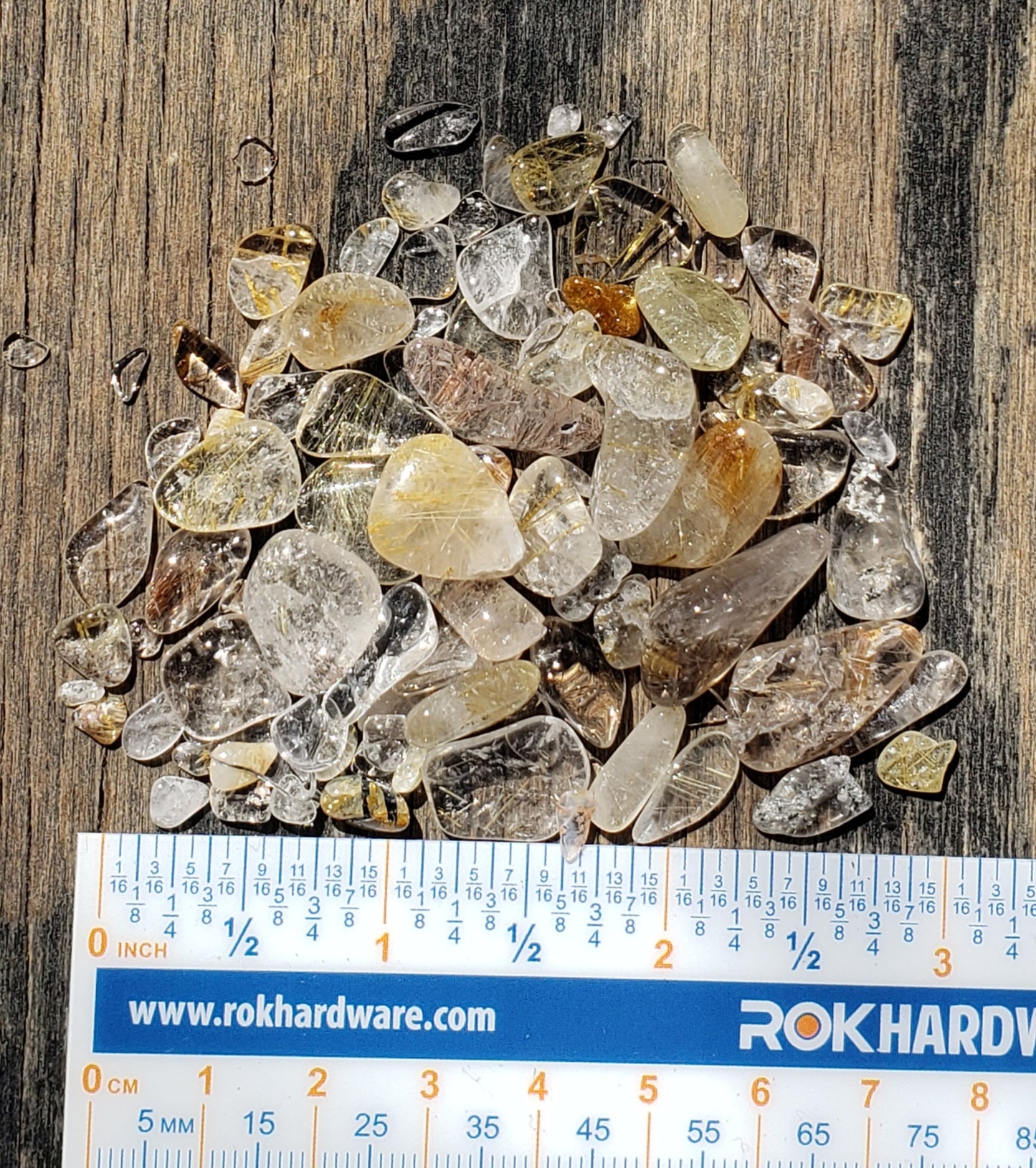 Rutilated Quartz tumbled stones showing natural needle patterns, JJRRQ